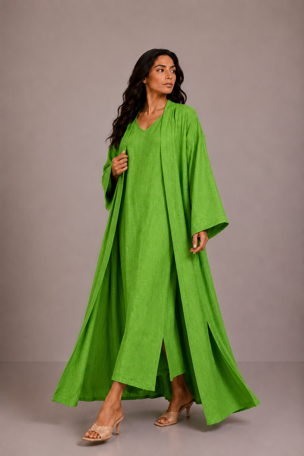 Green Linen Abaya Set