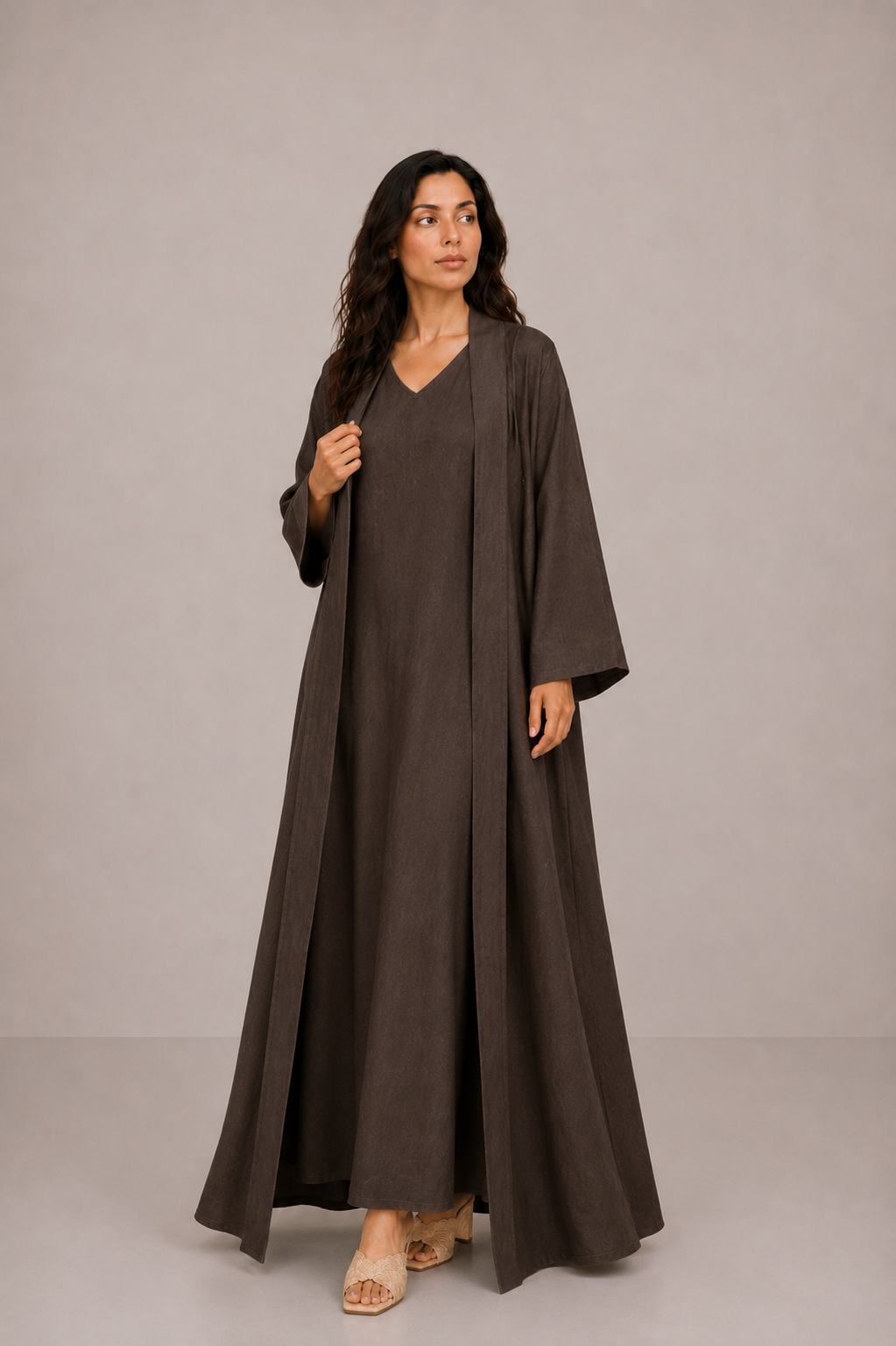 Brown Linen Abaya Set