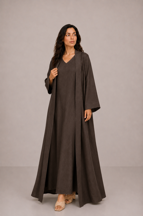 Brown Linen Abaya Set