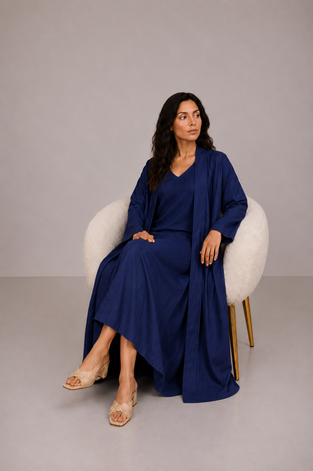 Navy Linen Abaya Set