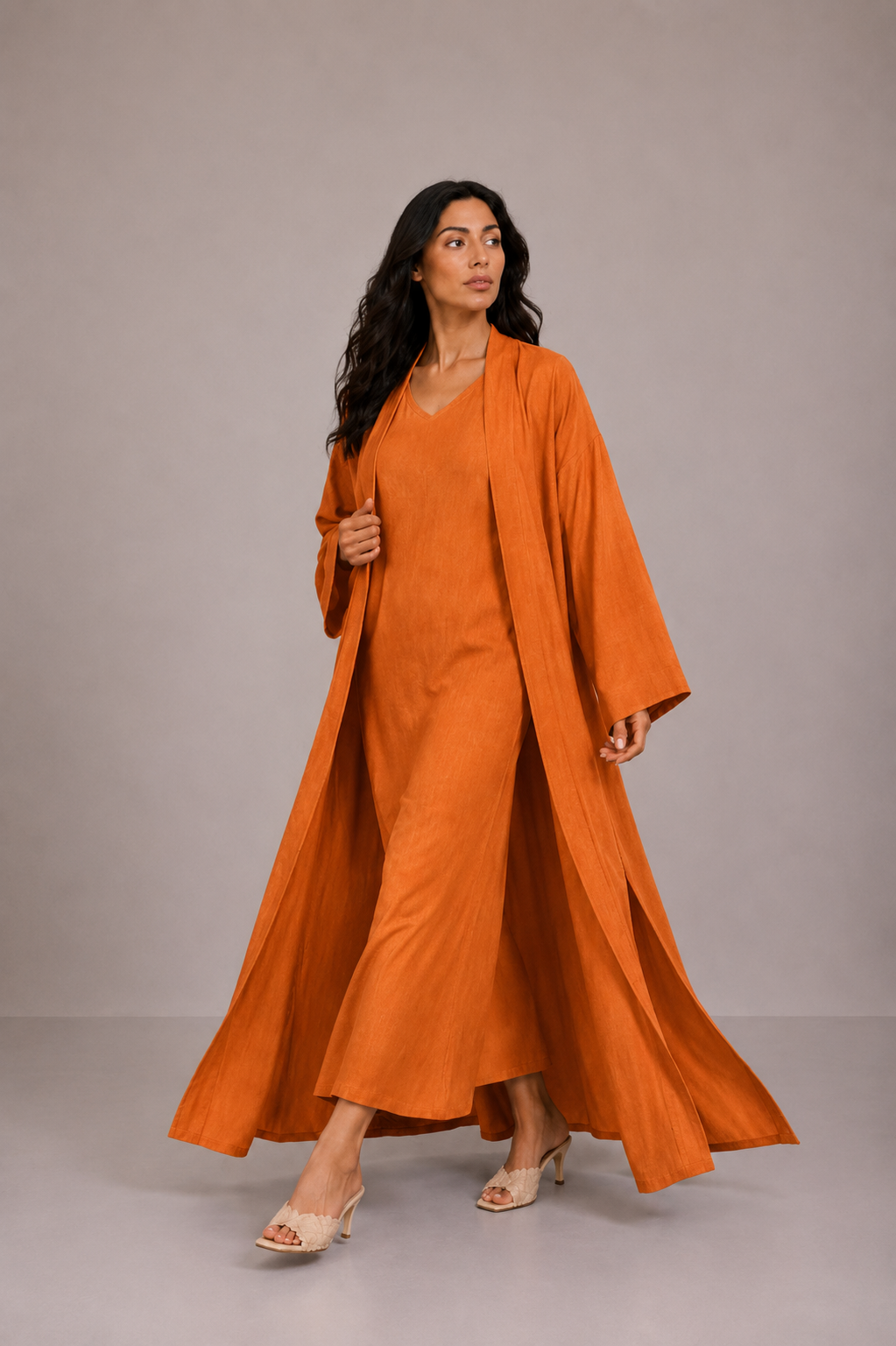 Orange Linen Abaya Set