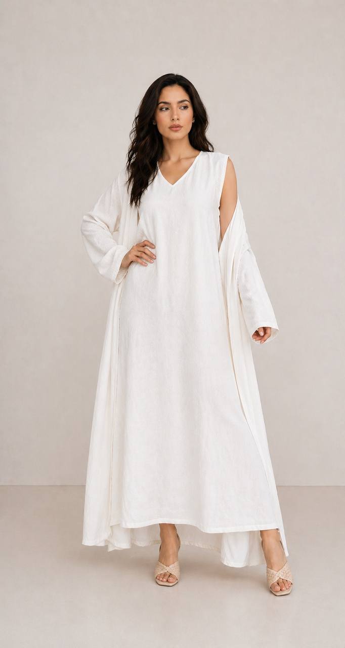White Linen Abaya Set