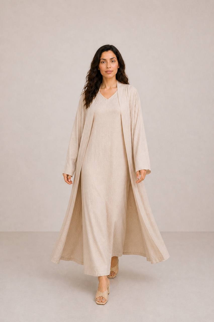 Beige Linen Abaya Set